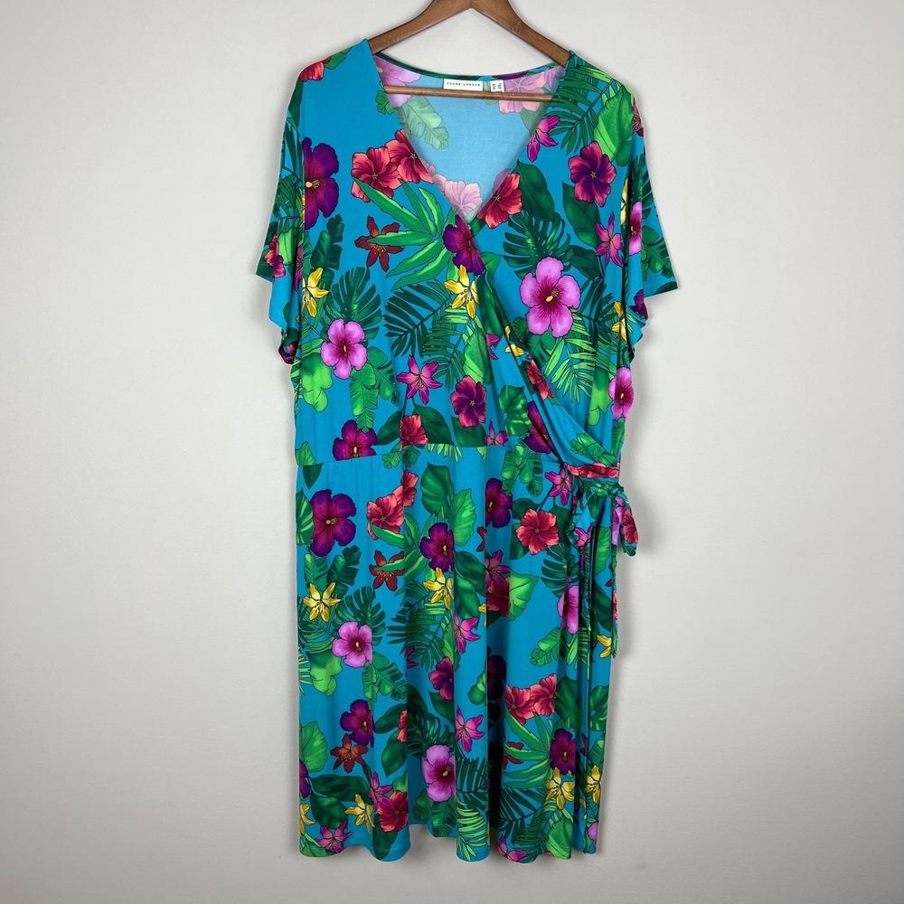 Susan Graver Dress Womens 3X Faux Wrap Liquid Knit Colorful Tropical Floral Plus